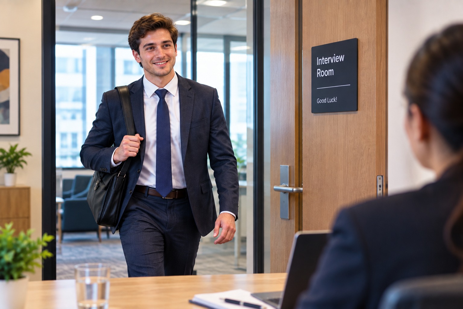 A candidate confidently walking into the interview room, fully prepared